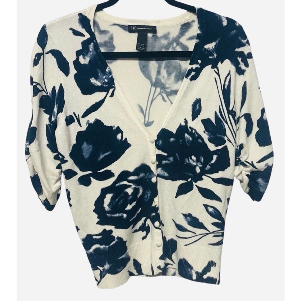 INC International Concepts Cream and Navy Floral V-Neck Sweater